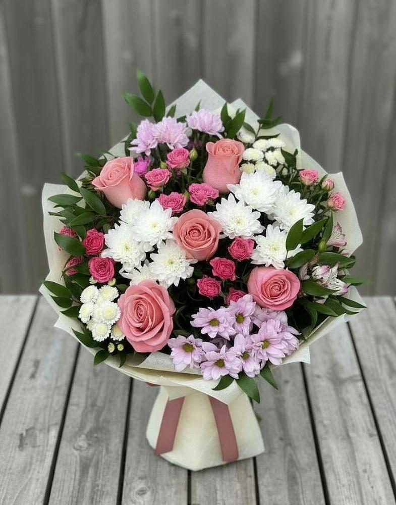 Букет цветов из: Альстромерии, Гвоздики, Розы и Хризантемы в Мамонтово