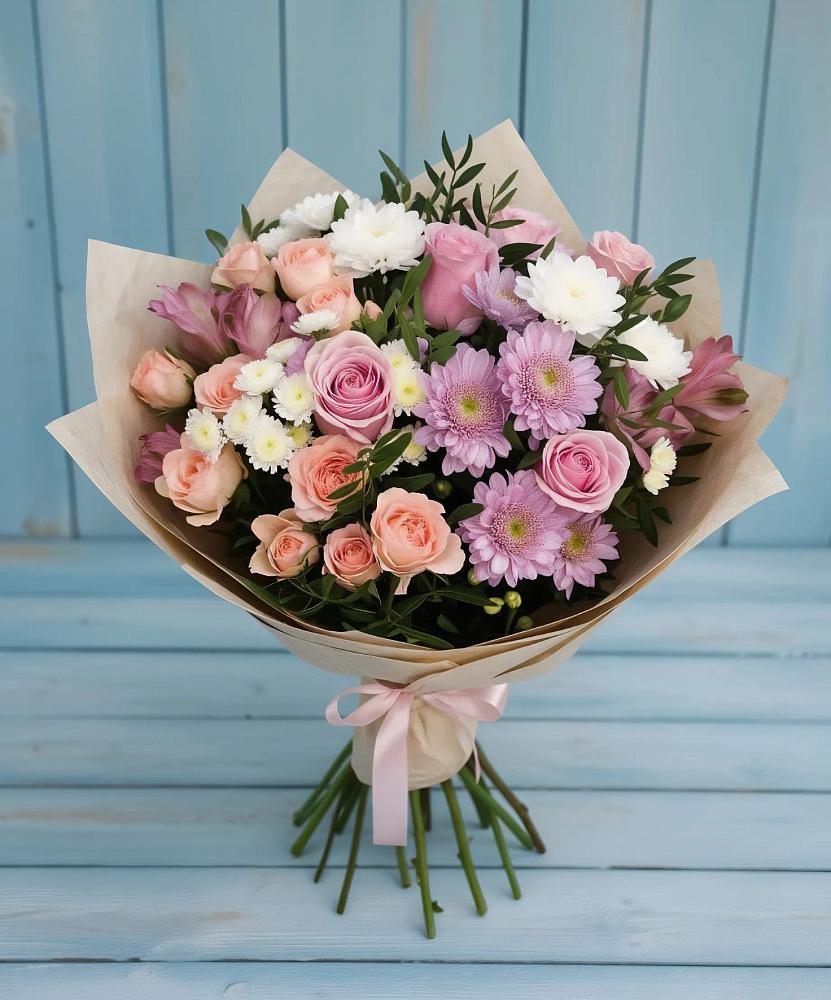 Букет цветов из: Хризантемы, Розы и Альстромерии в Мамонтово