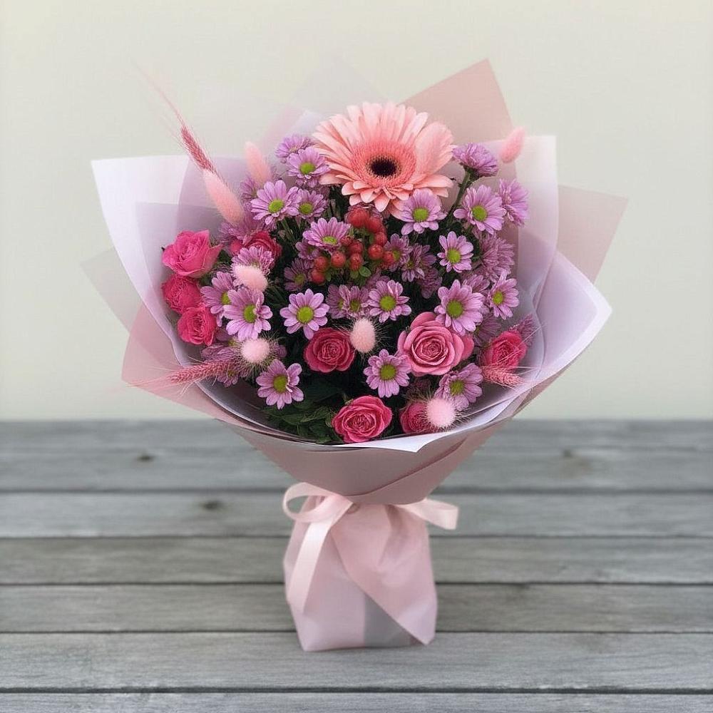 Букет цветов из: Розы, Герберы и Хризантемы в Мамонтово