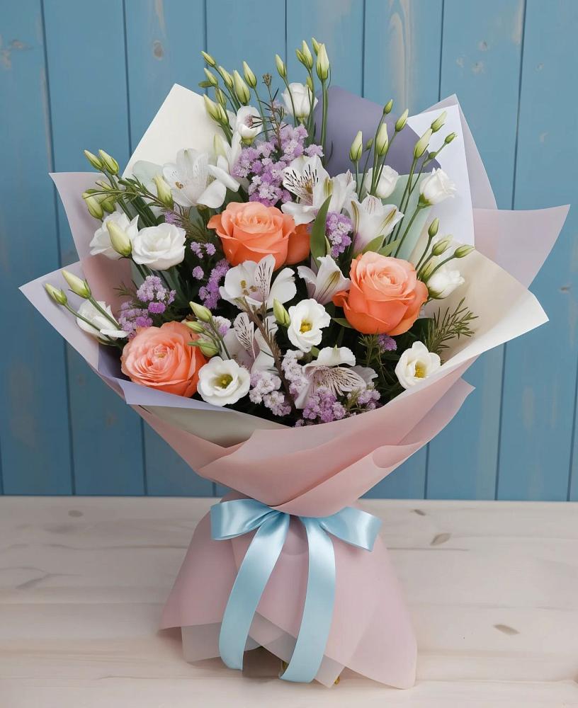 Букет цветов из: Лизиантусы, Розы, Альстромерии и Гипсофила в Мамонтово