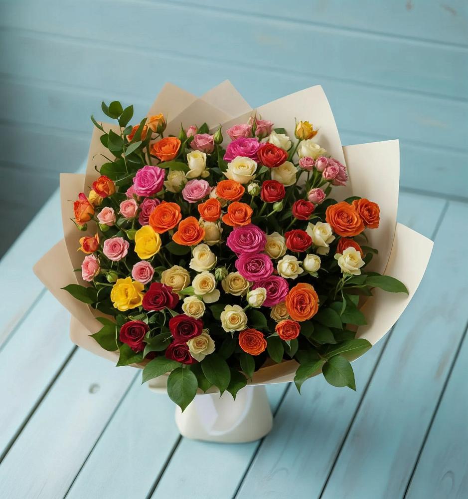 Букет Микс из разноцветных кустовых роз в Мамонтово