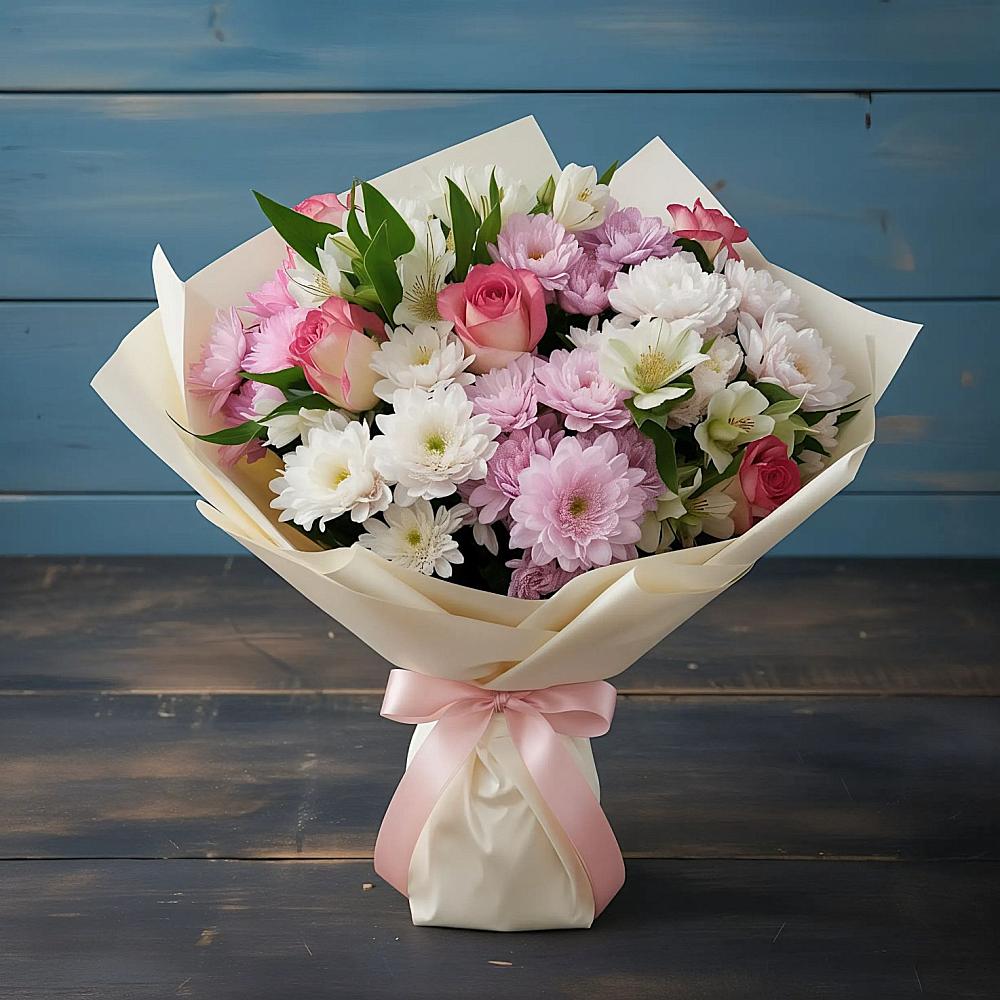 Букет цветов из: Хризантемы, Альстромерии и Розы в Мамонтово